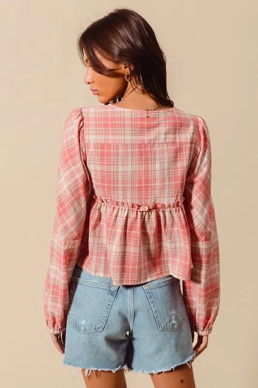 SO ME - Pink Plaid Tie Front Peasant Top