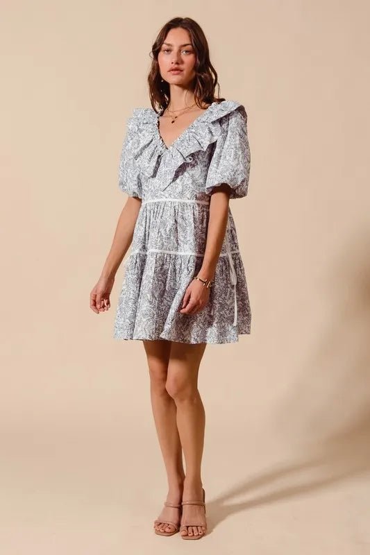 SO ME - Ruffle Side Tie Mini Dress – Slate Toile Print