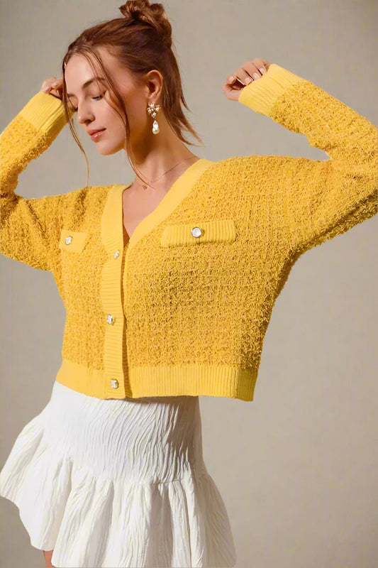 SO ME - Textured Button - Front Cardigan in Golden Marigold