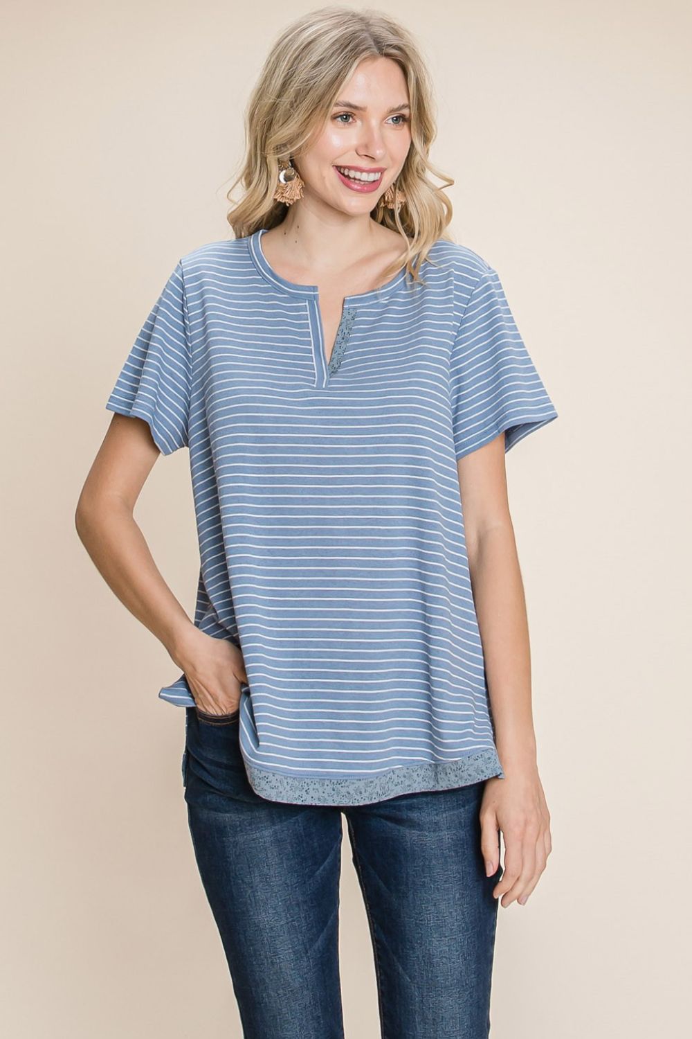 Striped Short Sleeve Tunic T-Shirt in Denim BlueT-ShirtCotton Bleu
