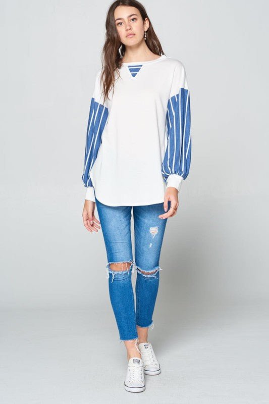 SUPER LADY - French Terry Striped Long Sleeve Top in Ivory