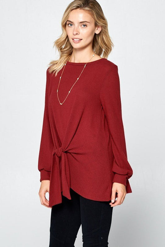 SUPER LADY - Knot Front Hacci Knit Blouse in Burgundy