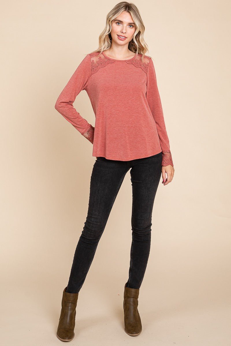 SUPER LADY - Lace Detail Long Sleeve T-Shirt in Rust