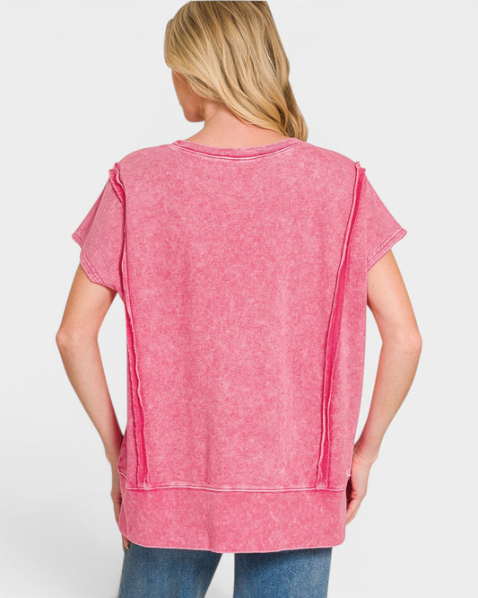 Mineral Raspberry Raw Seam Short Sleeve Sweatshirt Top