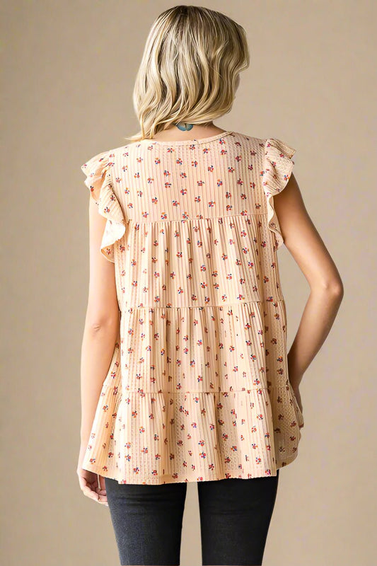 Trendsi - Butterfly Sleeve Ditsy Floral Tiered Top in Taupe