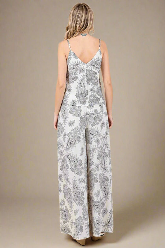 Trendsi - Paisley Cami & Wide Leg Pants Set in Ivory & Charcoal