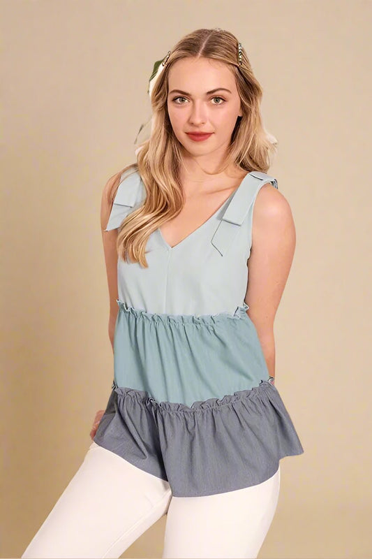 Trendsi - Ruffled Colorblock Sleeveless Top in Dusty Aqua & Denim Blue