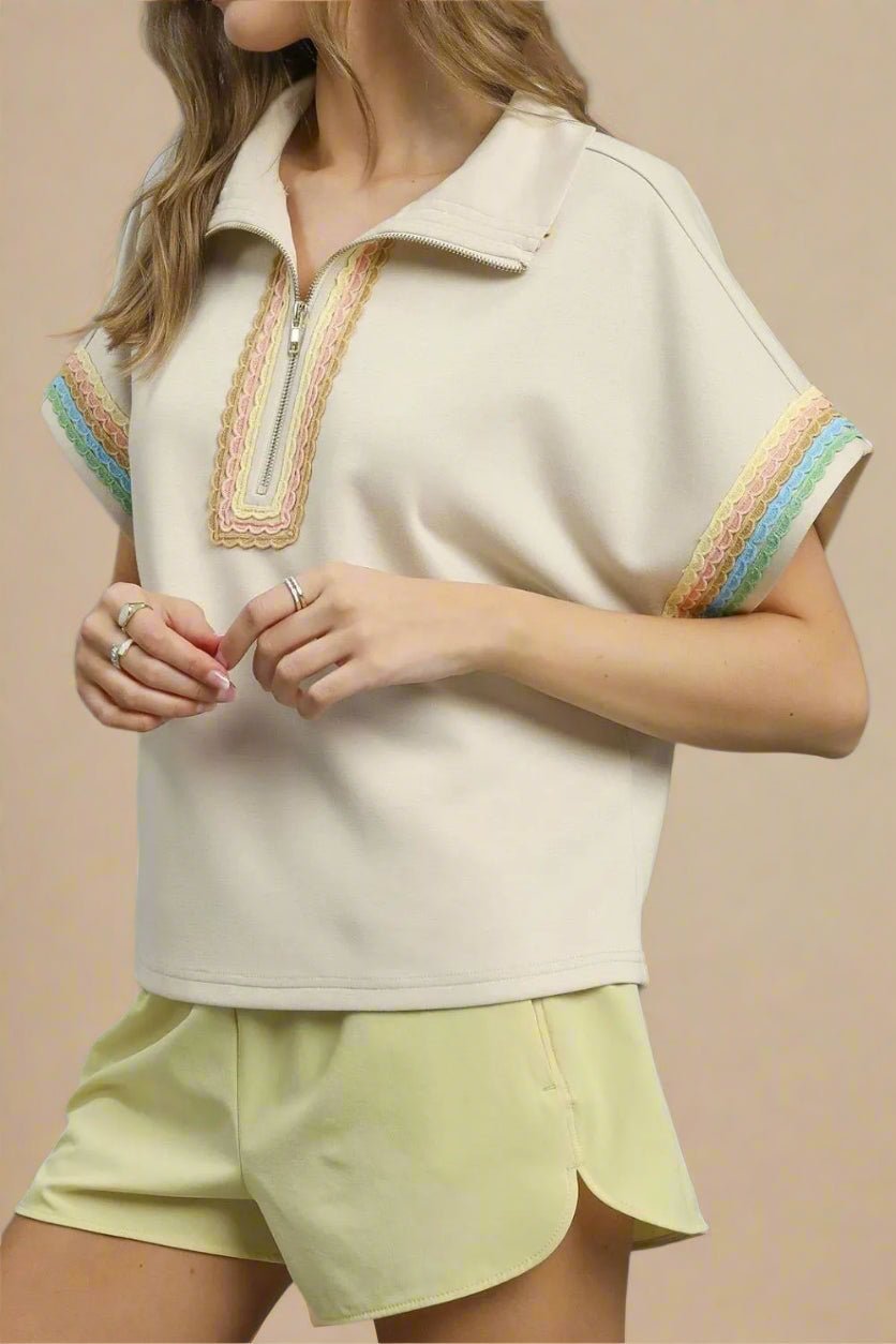 UMGEE - Beige Rainbow Trim Half Zip Top