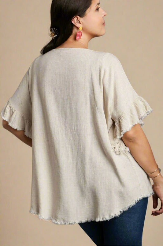 UMGEE - Beige Raw Hem Ruffled Short Sleeve Blouse