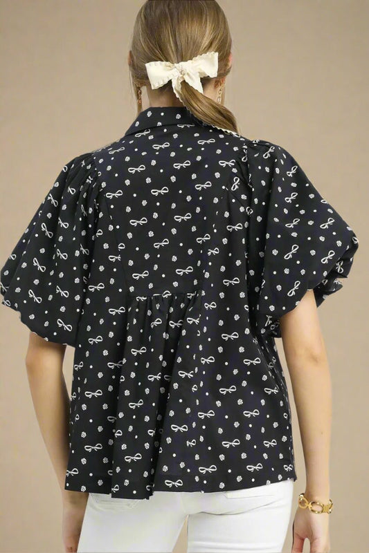 UMGEE - Black Bow Print Short Sleeve Collared Blouse