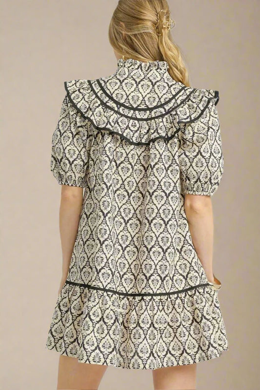 UMGEE - Black & Cream Ruffle Collar Puff Sleeve Mini Dress