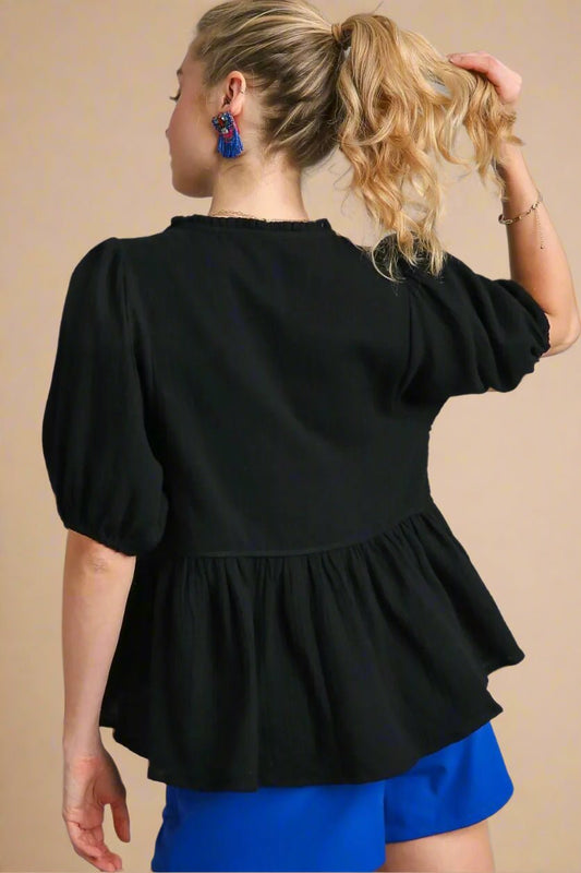 UMGEE - Black Embroidered Floral Peplum Blouse in Bright Multicolor