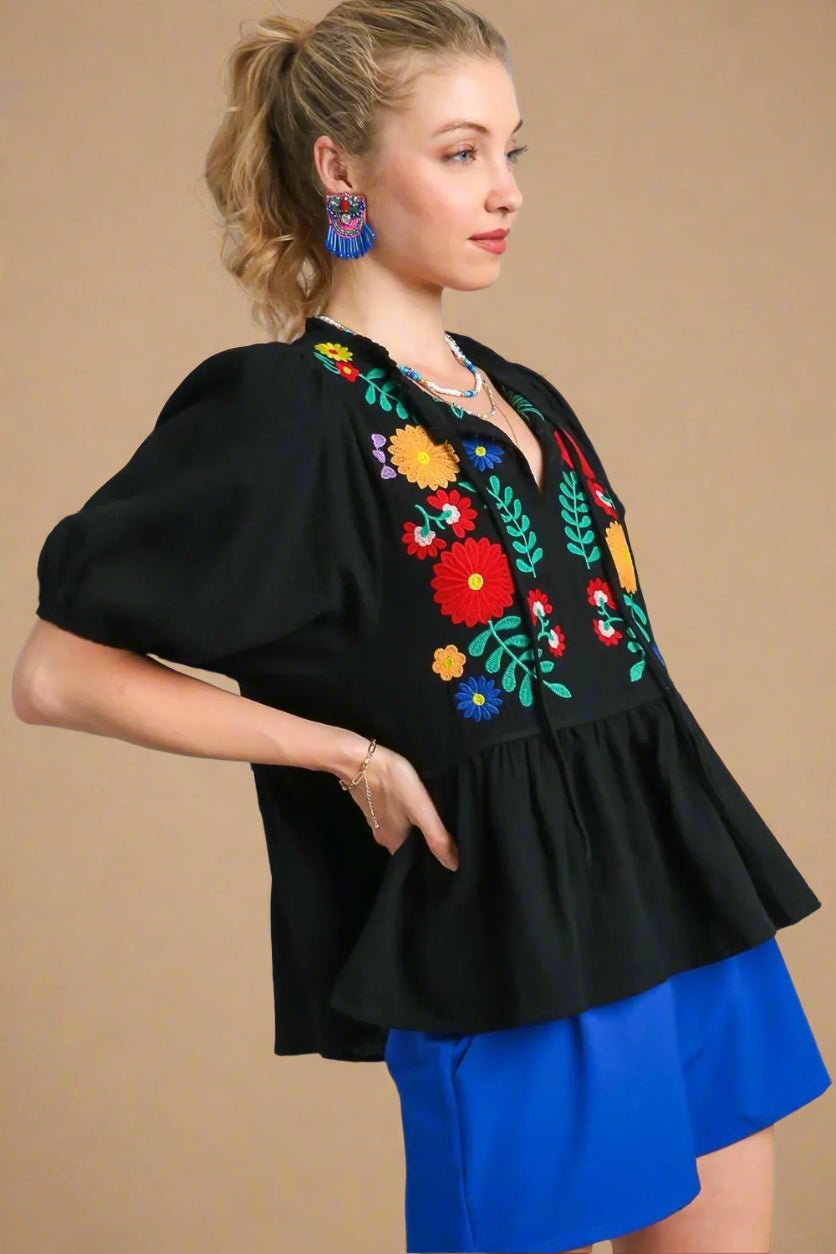 UMGEE - Black Embroidered Floral Peplum Blouse in Bright Multicolor
