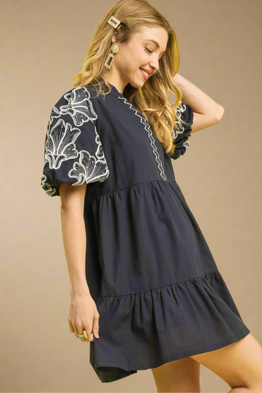 UMGEE - Black Embroidered Puff Sleeve Mini Dress