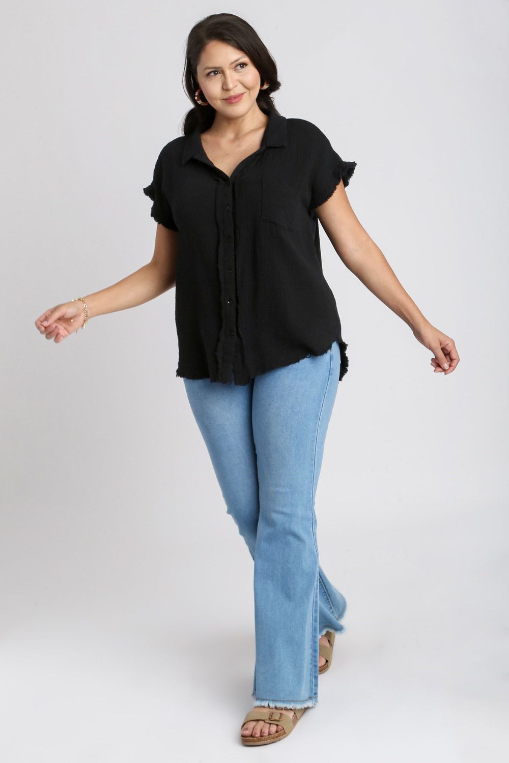 UMGEE - Black Frayed Hem Short Sleeve Shirt
