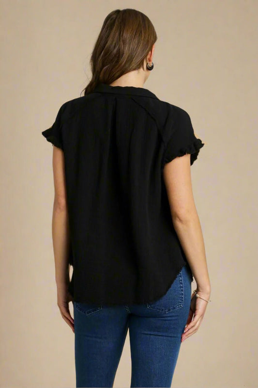 UMGEE - Black Frayed Hem Short Sleeve Shirt