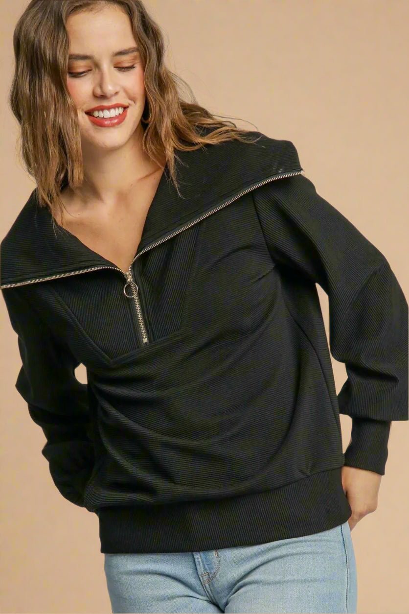 UMGEE - Black Half Zip Rib Knit Pullover Sweatshirt
