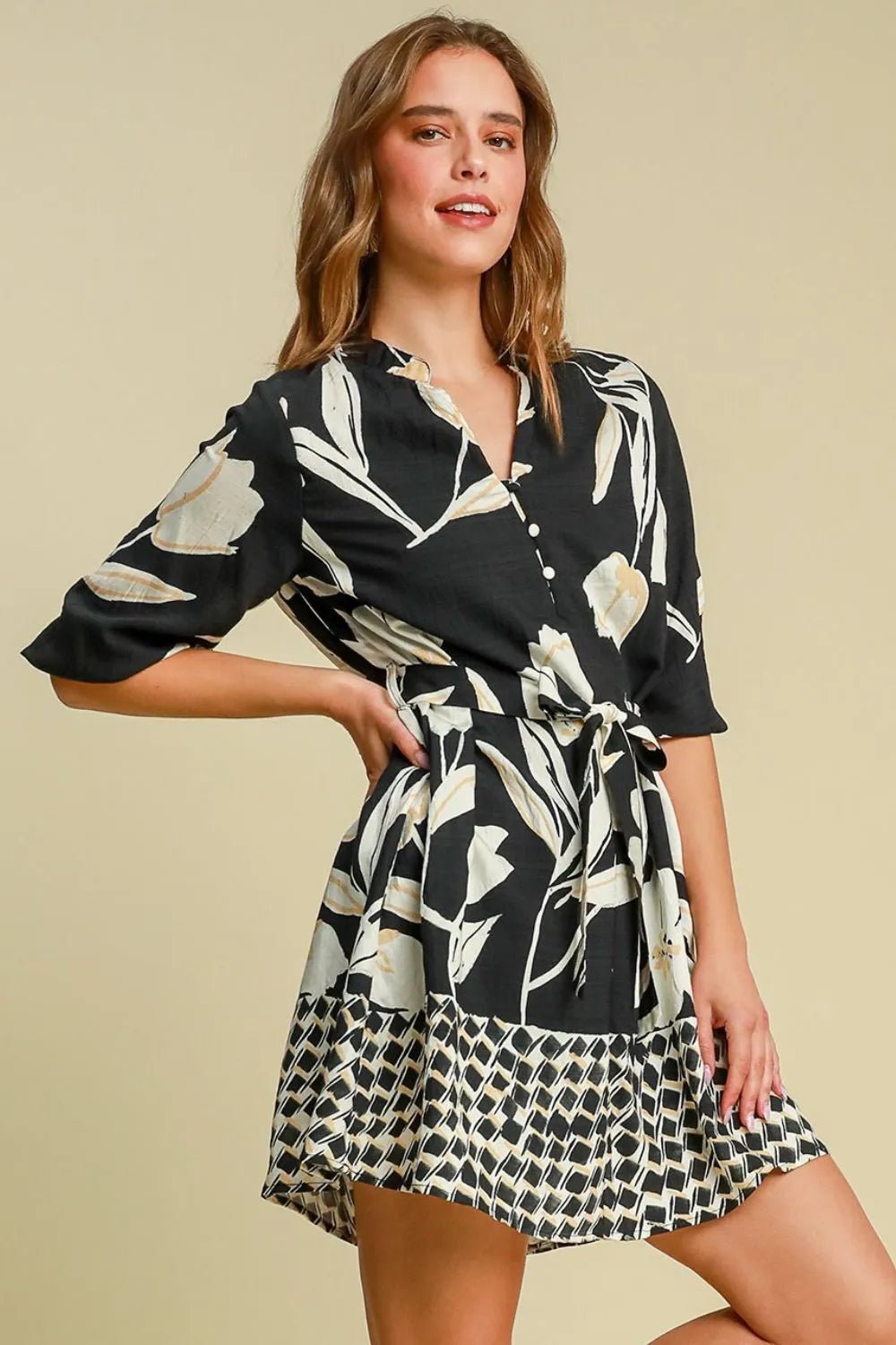 UMGEE - Black & Ivory Mixed Print Mini Dress with Tie Waist