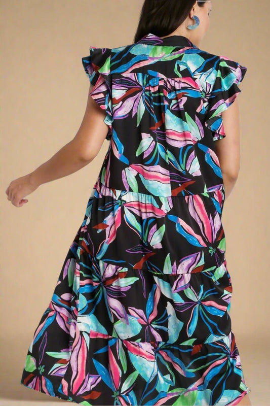 UMGEE - Black Leaf Print Ruffle Sleeve Tiered Midi Dress