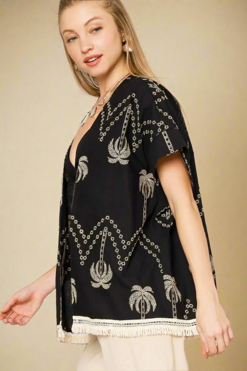 UMGEE - Black Palm Tree Embroidered Kimono Cardigan with Fringe Trim