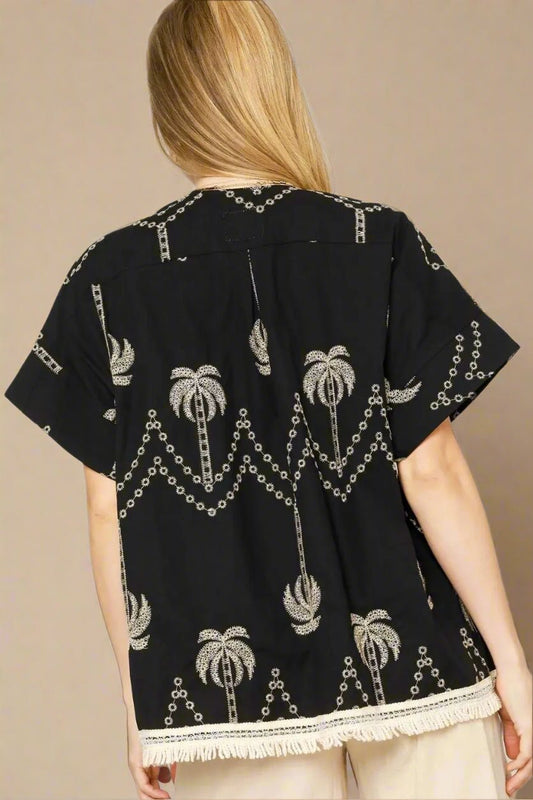UMGEE - Black Palm Tree Embroidered Kimono Cardigan with Fringe Trim