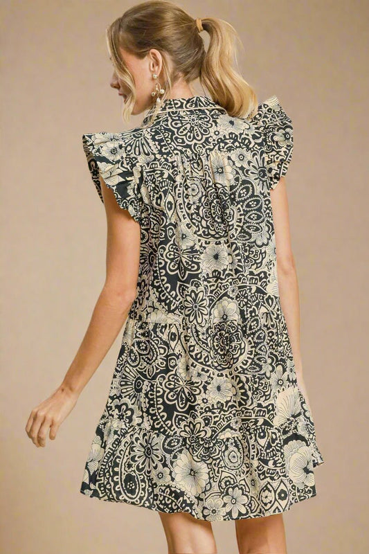 UMGEE - Black Printed Ruffled Cap Sleeve Babydoll Mini Dress