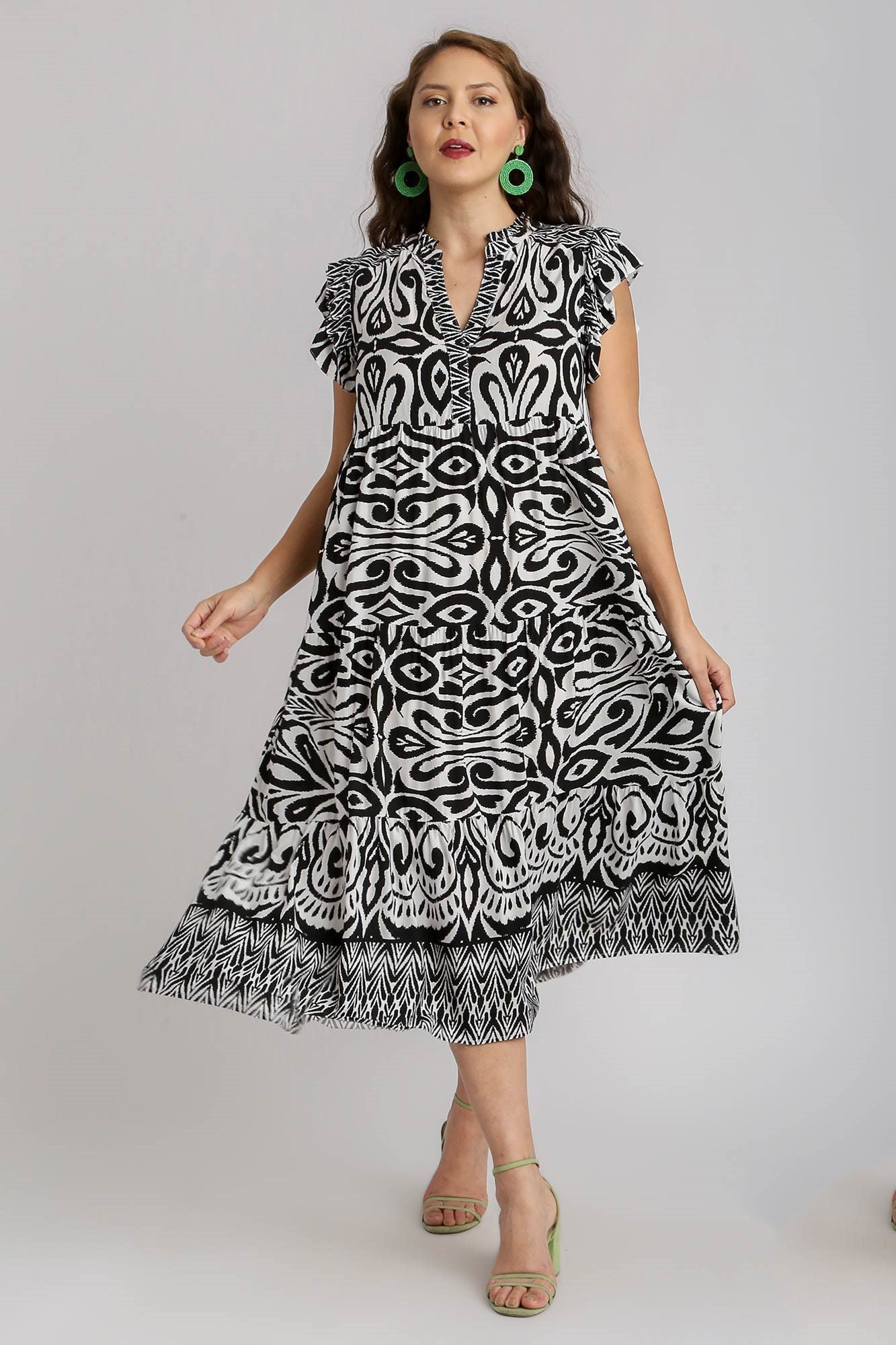 UMGEE - Black Printed Ruffled Cap Sleeve Midi Dress