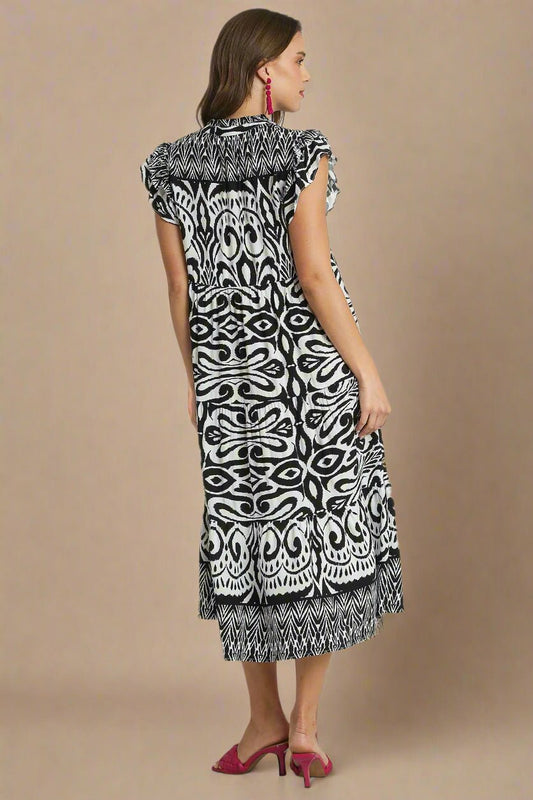 UMGEE - Black Printed Ruffled Cap Sleeve Midi Dress