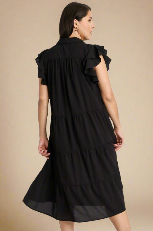 UMGEE - Black Ruffled Cap Sleeve Midi Dress