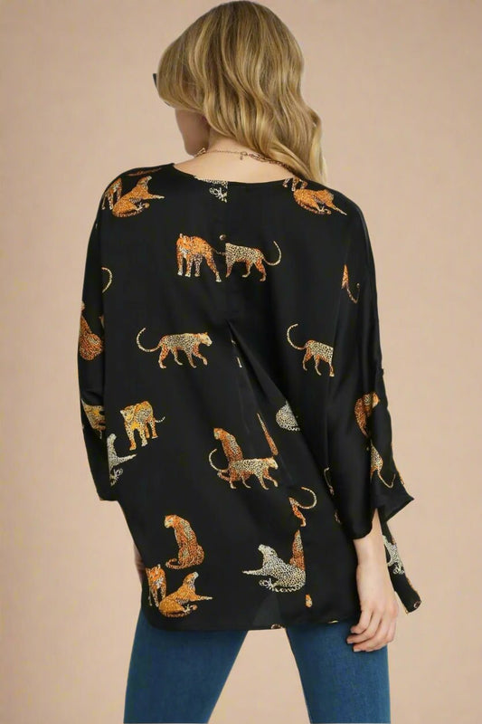 UMGEE - Black Satin V - Neck Top with Leopard Print