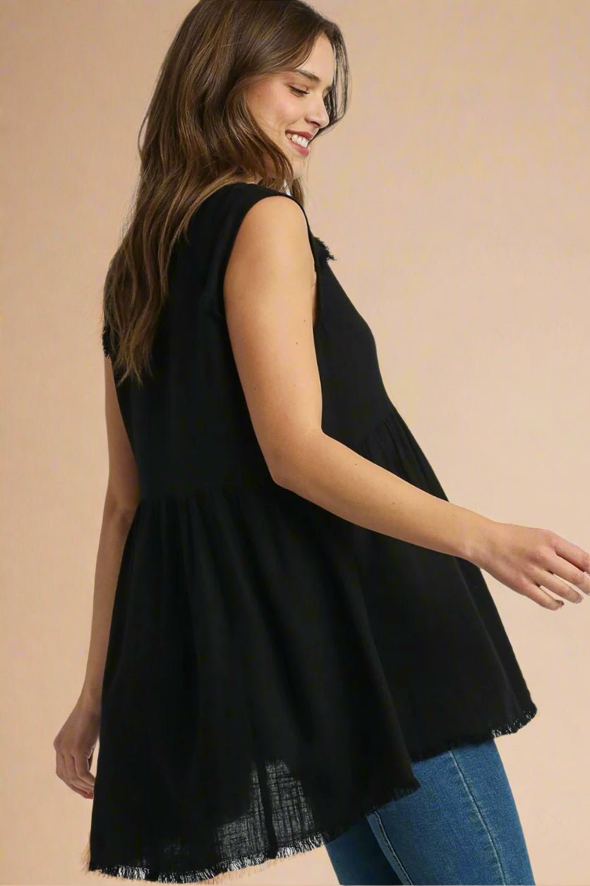 UMGEE - Black Sleeveless Frayed Babydoll Top