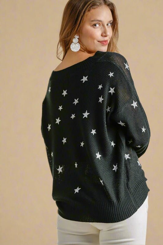 UMGEE - Black Star Pattern Long Sleeve V - Neck Sweater