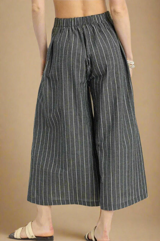 UMGEE - Black Striped Wide Leg Pants with Pockets