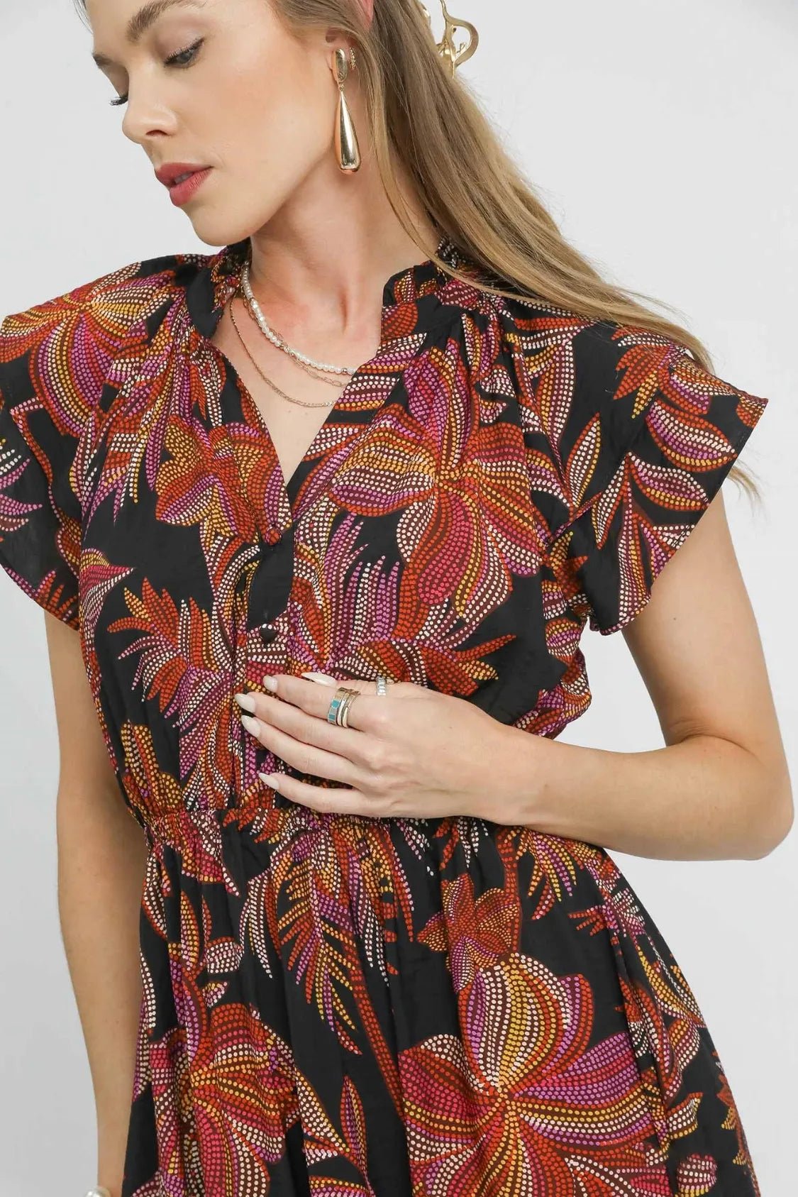 UMGEE - Black Tropical Print Ruffle Midi Dress