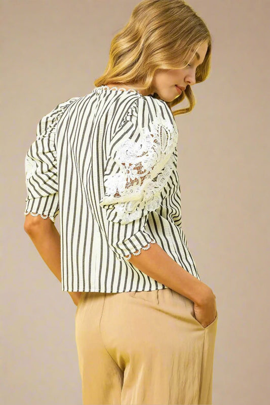 UMGEE - Black & White Striped Puff Sleeve Lace Top