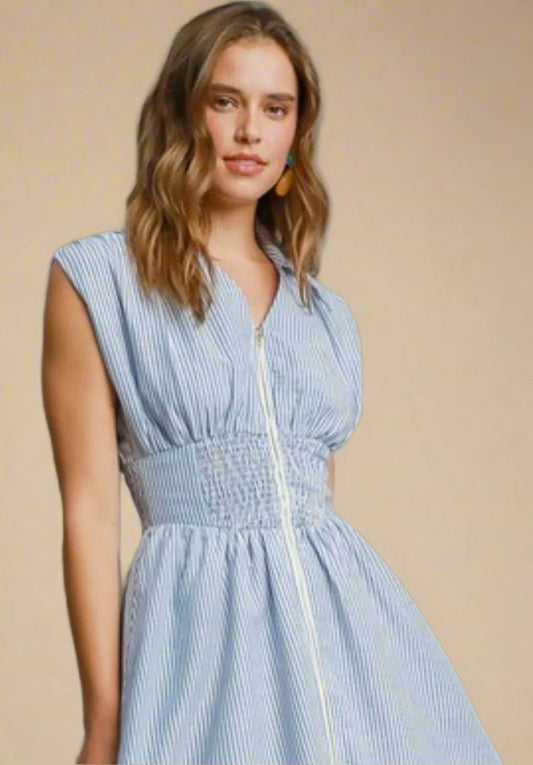 UMGEE - Blue and White Pinstripe Zip - Front Midi Dress
