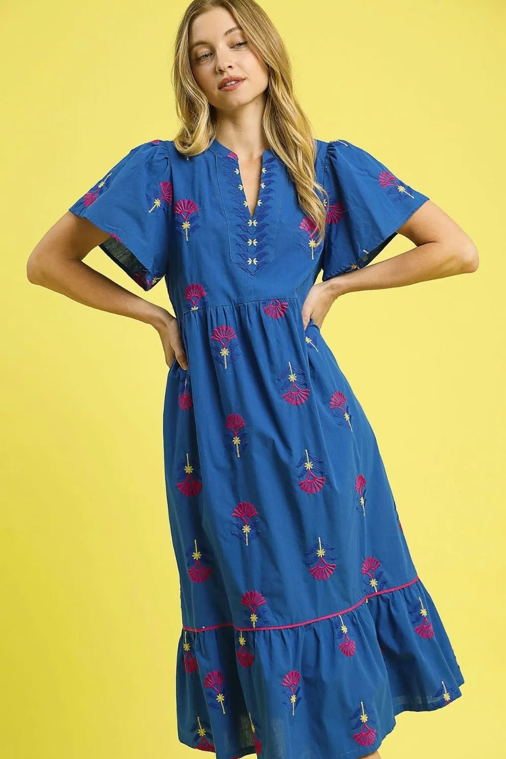 UMGEE - Blue Embroidered Flutter Sleeve Midi Dress