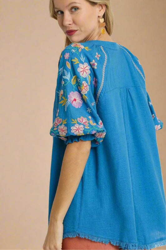 UMGEE - Blue Embroidered Peasant Blouse