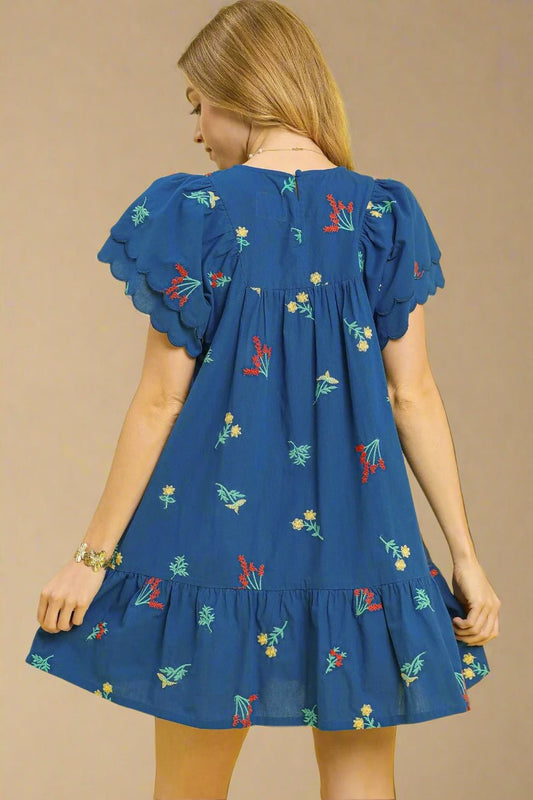 UMGEE - Blue Embroidered Short Sleeve Ruffle Hem Mini Dress