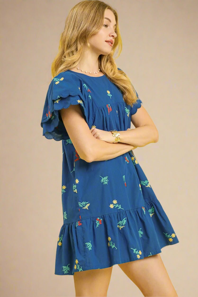 UMGEE - Blue Embroidered Short Sleeve Ruffle Hem Mini Dress