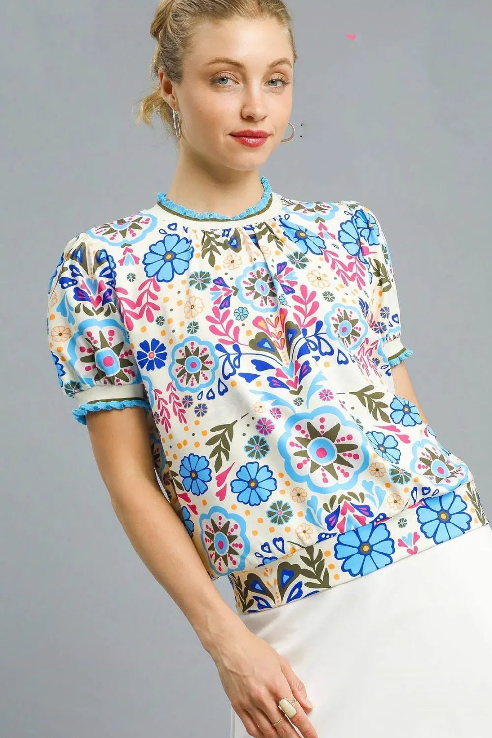 UMGEE - Blue Floral Puff Sleeve Top