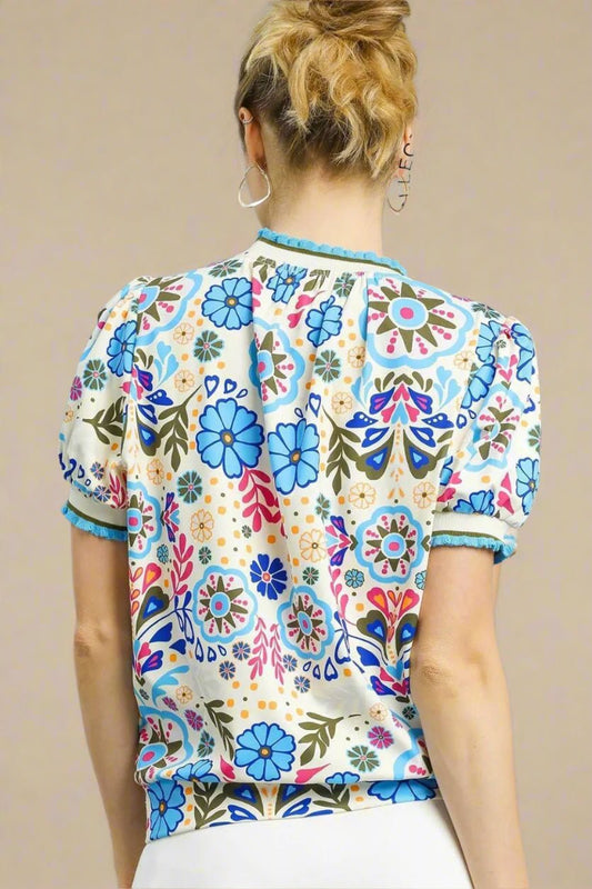 UMGEE - Blue Floral Puff Sleeve Top