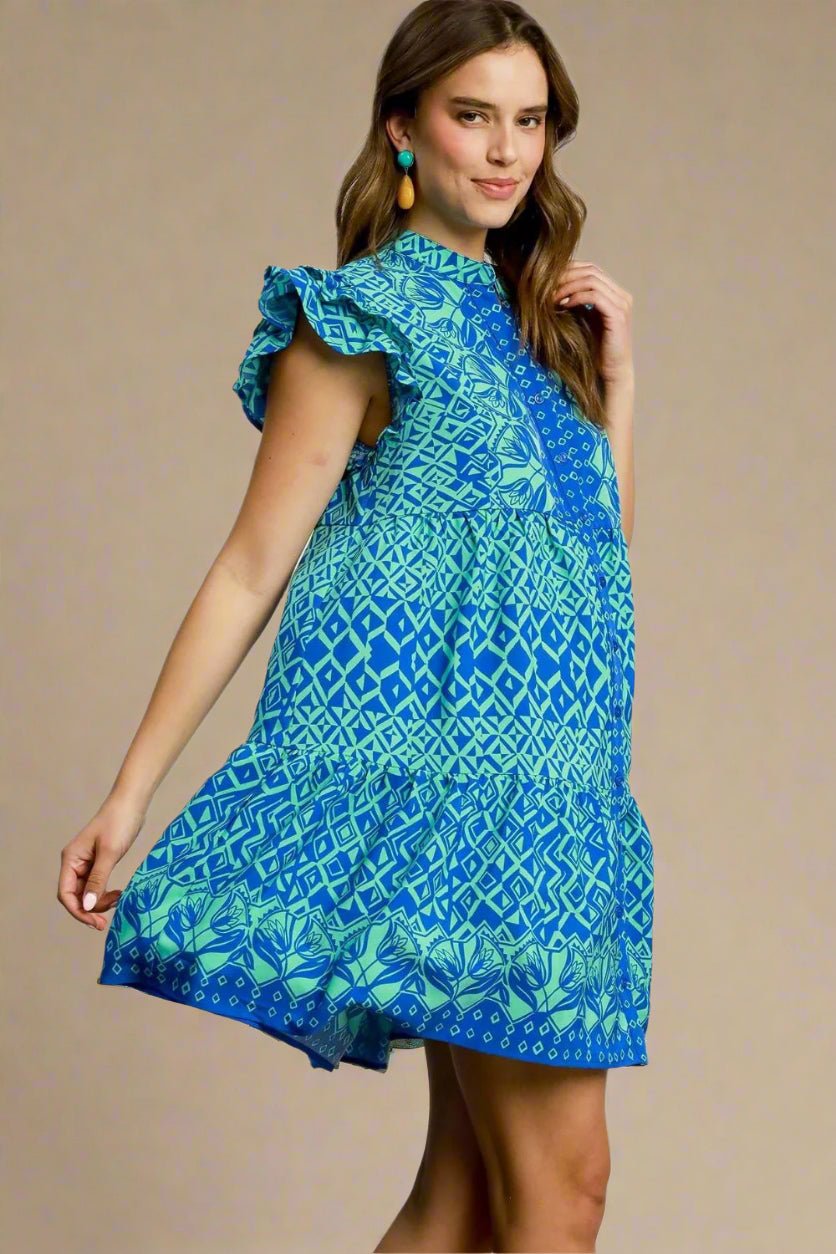 UMGEE - Blue & Green Geo - Print Mini Dress with Ruffle Sleeves