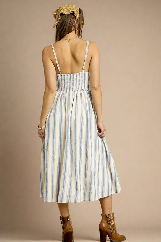 UMGEE - Blue & Ivory Striped Smocked Midi Dress