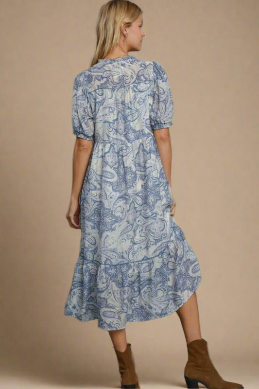 UMGEE - Blue Paisley Puff Sleeve Midi Dress