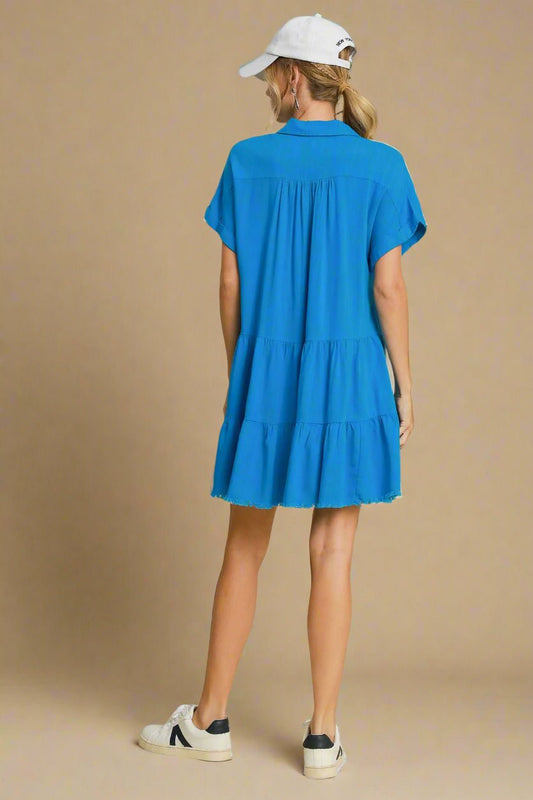 UMGEE - Blue Raw Hem Short Sleeve Tiered Mini Dress