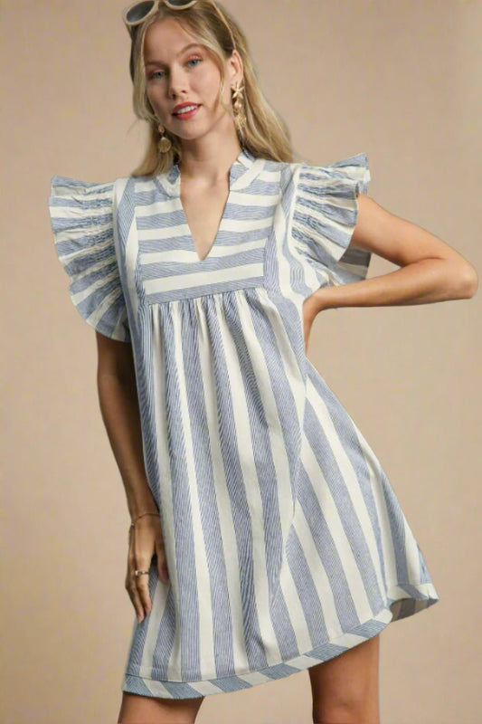 UMGEE - Blue Stripe Babydoll Mini Dress with Ruffle Sleeves