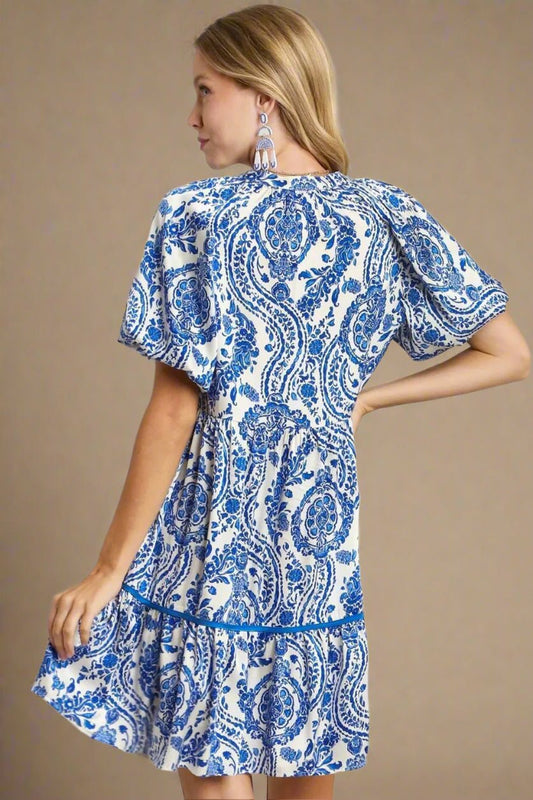 UMGEE - Blue Tile Print Babydoll Mini Dress