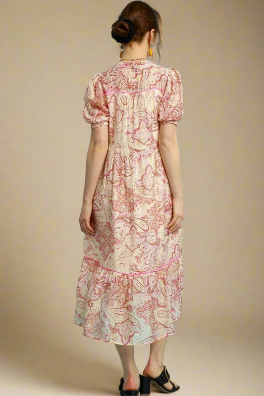 UMGEE - Blush Paisley Puff Sleeve Midi Dress