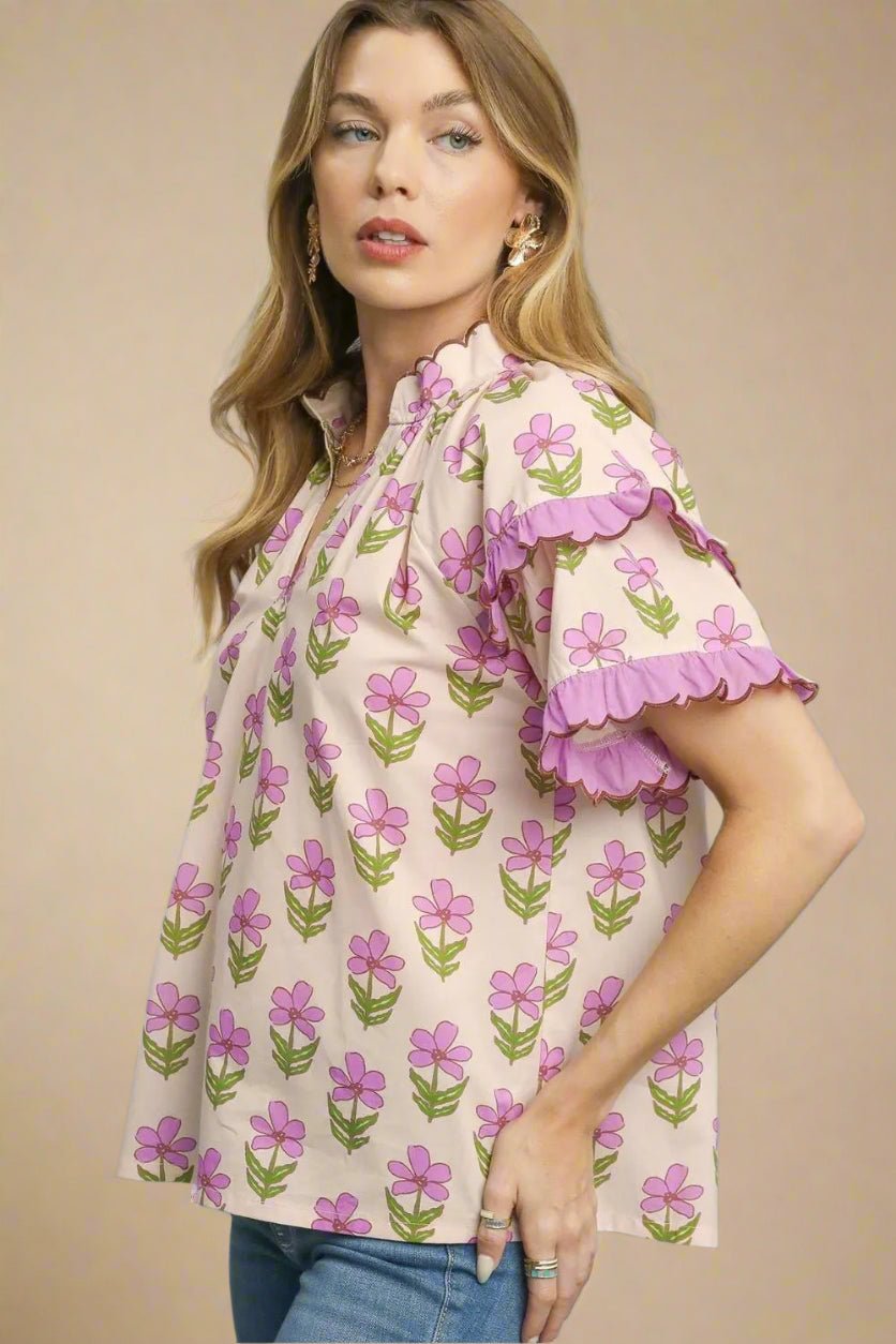 UMGEE - Blush Pink Daisy Print Ruffle Sleeve Top